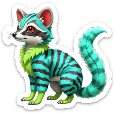Colorful neon red-striped cyan-spotted lime-green tropical exotic cute cool beautiful shiny beautiful fantasy-civet-genet-sergal-vernid-Gryphon-Cacomistle-Trico-oncilla-animal-Fakémon-hybrid-fursona (full body) sticker
