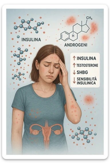 Donna tra i 25 e i 35 anni in primo piano, con espressione affaticata. Intorno al suo corpo appaiono in modo stilizzato e simbolico squilibri ormonali: molecole di insulina in eccesso fluttuano attorno, androgeni (testosterone) evidenziati sopra la testa, segnali visivi di infiammazione cronica lieve. Sopra le ovaie (visibili in trasparenza) compaiono piccole cisti multiple. Accanto a lei, un diagramma stilizzato mostra: '↑ Insulina', '↑ Testosterone', '↓ SHBG', '↓ Sensibilità insulinica'. L’atmosfera è scientifica, educativa ma empatica. Stile realistico con elementi infografici fluttuanti e colori freddi ma puliti. in italiano sticker