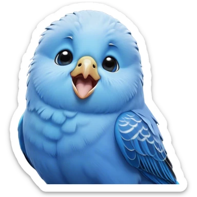 Cinematic Cute Yawning Blue Budgie Portrait Emoji, Head tilted slightly with a dramatic, wide-open yawn, showcasing a soft, downy blue feathered fur with gently drooping wings, round dark eyes barely open in drowsy contentment, Simplified yet irresistibly adorable features, highly detailed, glowing with a soft, cozy glow, high shine, relaxed yet expressive, stylized with a touch of whimsy, bright and endearing, soft glowing outline, capturing the essence of a sleepy yet affectionate budgie, so drowsy it feels like it could stretch out of the screen and curl up for a nap! sticker