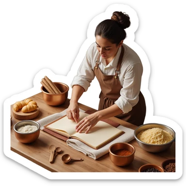 A confident journeyman baker working with copper mixing bowls, enamel measuring cups, and a leather-bound recipe book. The environment features warm lighting, brass utensils, and stitched cloth textures. UI elements resemble embossed leather tabs and metallic buttons. sticker