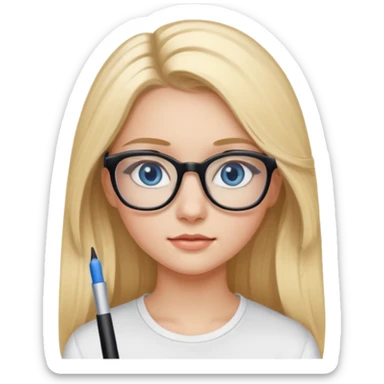 Fille 20ans qui a des cheveux long et blond  avec des lunettes et des yeux bleu- gris avec du mascara sur les yeux et un haut blanc sticker