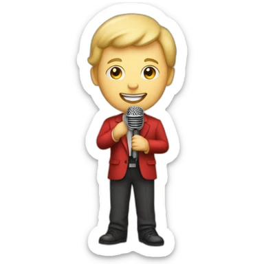 white light skin man person in theater standing on a stage with red curtains holding a microphone smiling with light hair sticker