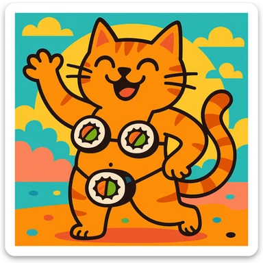 funny cat wearing a bikini made of sushi rolls, whimsical sticker