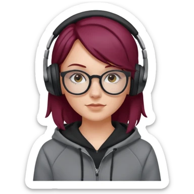 white girl with burgundy hair, gray glasses, black deportive hoodie and black headphones sticker