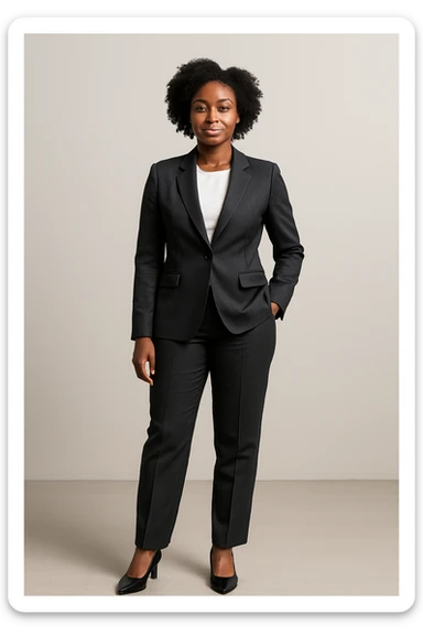 black woman in a smart suit and shoes, standing, modern business attire, minimal background sticker