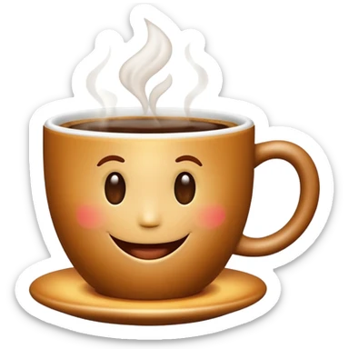 Create an emoji-style image of a warm morning cup of coffee with steam rising and a cheerful smiling face on the cup. The background should feel cozy and bright, like morning sunshine. sticker