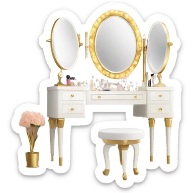 White vanity with gold mirror and clear chair with gold legs and makeup displayed  sticker