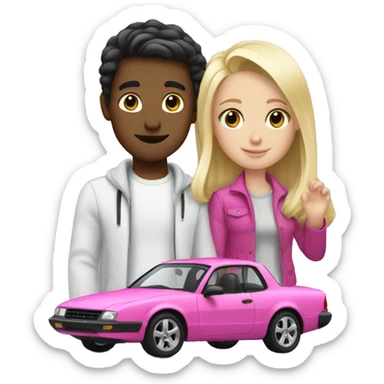 white boy with dark hair buying blonde girl pink car sticker