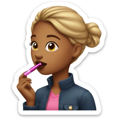 A girl putting on lipgloss sticker