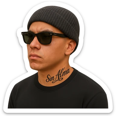 Modify the Latino male to resemble the rapper FlakoSteppn, keeping the beanie, Ray-Bans, black long sleeve shirt, no facial hair, and 'Sin Alma' tattoo on neck, in a realistic style, no background. sticker