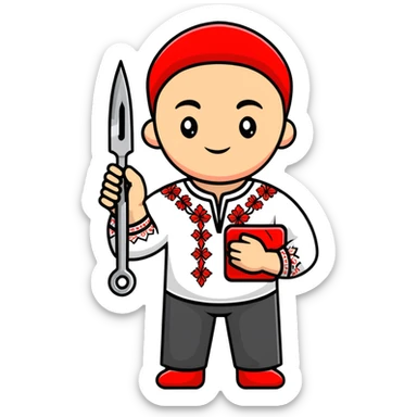 A Ukrainian man wearing traditional white embroidered vyshyvanka shirt holding red scissors in one hand and a spanner/wrench in the other hand sticker
