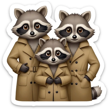 Three mischievious raccoons standing on top of each other pretending to be one person in a  single trench coat sticker