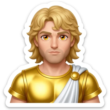Apollo from Roman Mythology with amber eyes, long blonde hair, yellow metallic tunic, white metallic cloak sticker