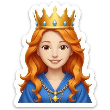 young queen white skin, long wavy orange hair, bright smile, wearing crown and blue robe emoji sticker
