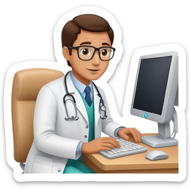 doctor at a computer communicating with a patient sticker