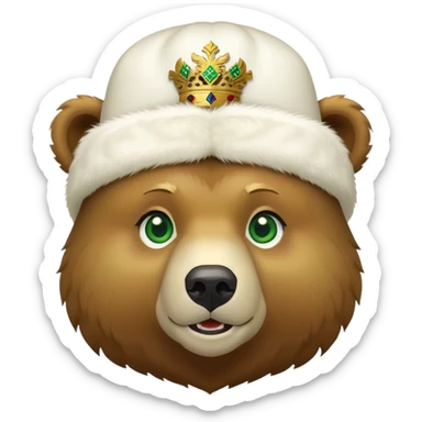 Cute grizzly bear face with green eyes, wearing a white fur hat with golden Russian coat of arms in the middle sticker