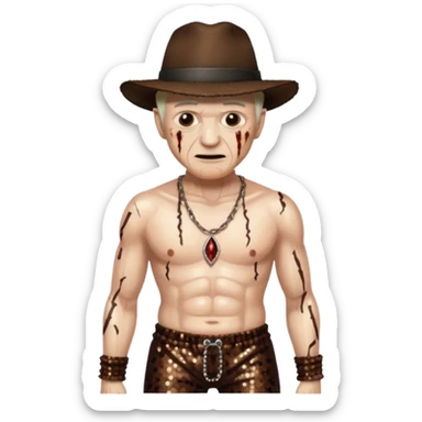 Freddy Krueger with burned skin, dark brown sequin baggy pants, shirtless with necklace sticker