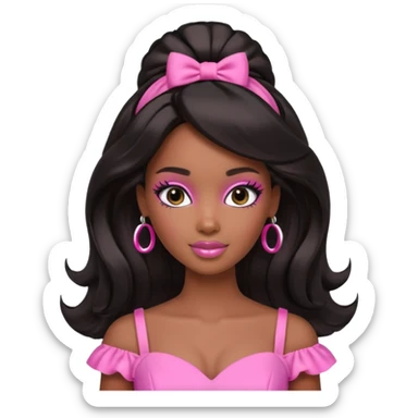 black barbie. half up half down hair, pink dress, perfect makeup and super pretty sticker