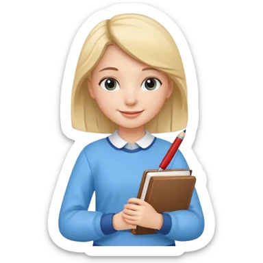 cute girl, glass, smart, Sky-blue colored clothing,
holding a book in one arm and a pen in the other hand. sticker