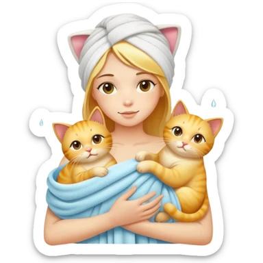A beautiful girl with fair skin - just finished taking a shower - wrapped in a bath towel and holding a golden gradient cat sticker