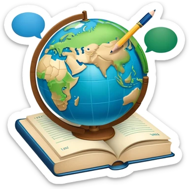 An icon featuring a globe with speech bubbles in different languages, symbolizing the study of foreign languages. The design includes a book and a pencil, representing learning and communication across cultures. Transparent background highlights the global nature of language education. sticker