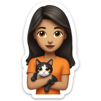 Brunette girl with brown eyes, holding a tricolor cat with black, white and orange furry. Cat hairs are black in one side of its face and orange in the other side of its face. sticker