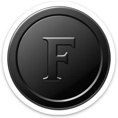 Emoji icon of a black coin with engraved letter F, minimalist style, isolated, no color sticker