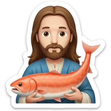 a white Jesus with a long beard holding a salmon sticker