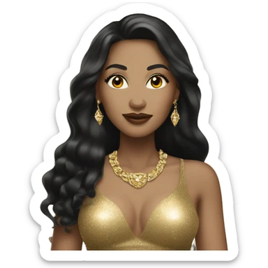 light skin woman with long black hair in gold sparkle dress with gold jewelry sticker