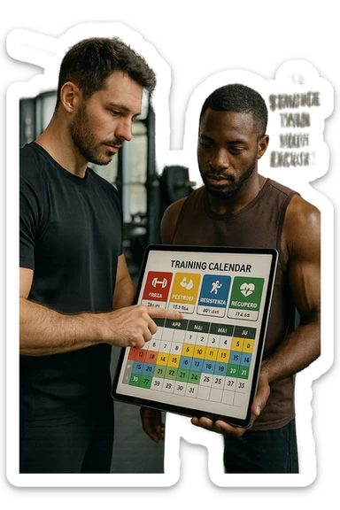 realistic cinematic photo a personal trainer and a client stand in a modern gym, reviewing a large, color-coded training calendar or chart on a tablet. The calendar shows different phases (Forza, Ipertrofia, Resistenza, Recupero) with icons and dates. Around them, gym equipment and motivational posters reinforce the idea of structured, periodized training. in italiano sticker