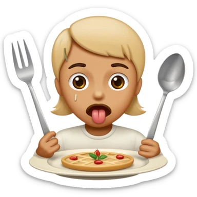 Create me an emoji of someone over a plate with a fork and knife in their hand tongue out and it say ate and left no crumbs sticker