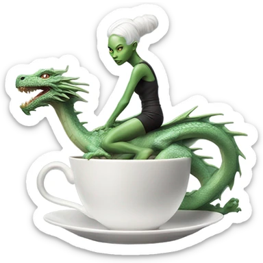 Photo realistic, alien female green,  on ride white china dragon infinite story sticker