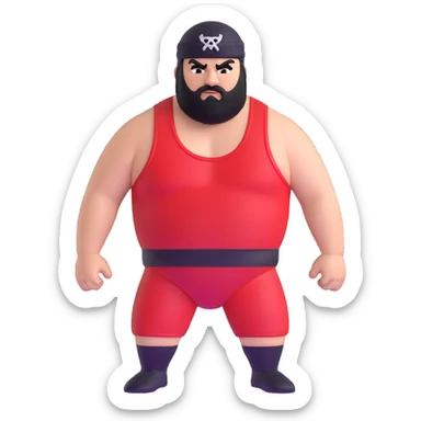 White skin fat guy with black durag, black beard, black eyes in a red and black wrestling singlet with angry face sticker