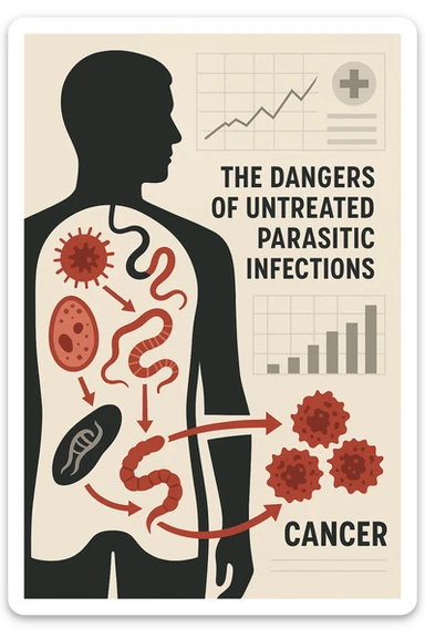 a man’s silhouette is filled with stylized images of parasites and tumor cells, connected by red lines or arrows to show cause and effect. The background features a medical chart or infographic about the dangers of untreated parasitic infections. The overall tone is serious and educational. scritto in italiano sticker