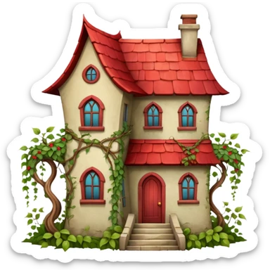 an old magic house with Tall crooked building with red roof.

 sticker