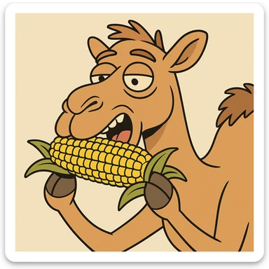 camel eating corn on the cob, flat toon cartoon style sticker