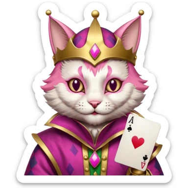 court jester cat medieval, single poker card joker clearly visible, pink, face only enclosed in a medieval badge  sticker