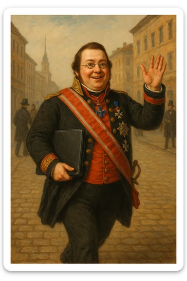 Павел Николаевич Демидов идёт с закрытым ноутбуком по улице города 19 века в руках улыбается и машет рукой вперед, рисованный стиль sticker