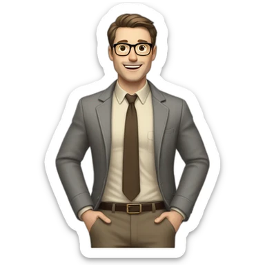 Full height Actively gesturing with hands Pale skinned fit man with dark brown hair in gray jacket, beige office shirt, brown tie, brown pants and vintage glasses. sticker
