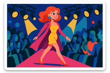 animated female model walking on a runway, horizontal, energetic, glamorous, fashion event setting sticker