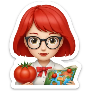 tomato with nerdy girl features, holding folded map, bow, long eyelashes sticker