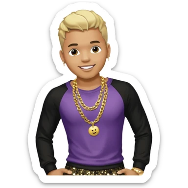 Chris Brown with blonde hair, black sequin baggy pants, shirtless with necklace sticker