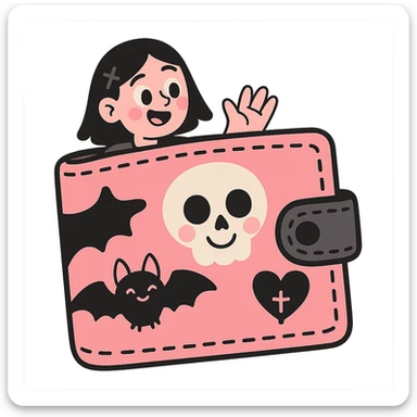 pink and black gothic wallet, soft pastel colors, gentle shading, cute gothic motifs sticker