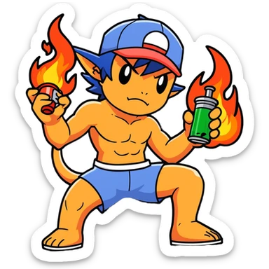 21 yo Handsome tall muscular shirtless Ash Ketchum with a bong with charizard on fire as a dj sticker