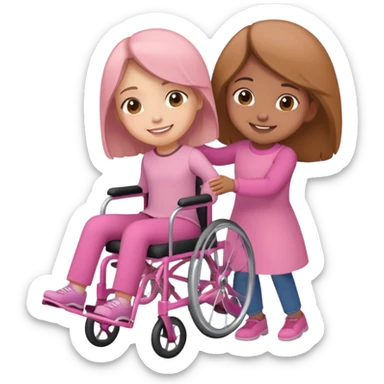 One light brown sister pushing her brown sister in a pink wheelchair sticker