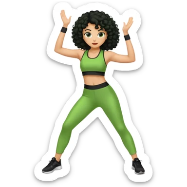 woman with olive skin and curly black hair wearing a green workout outfit and standing in a disco pose sticker
