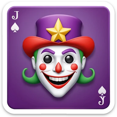 1 poker card, perfectly squared card, with crazy colorful human jolly joker inside, star symbol with a "J" sticker