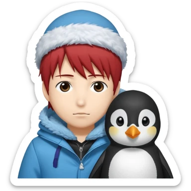 Winter penguin lying on Akashi Seijūrō’s shoulder with Akashi wearing winter clothes ans Akashi Seijuro from kuroko no basuke anime sticker