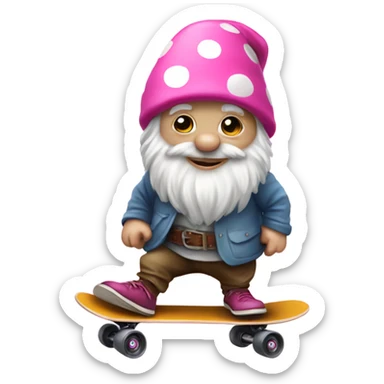 Gnome riding a skateboard with a pink polka dot hat sticker