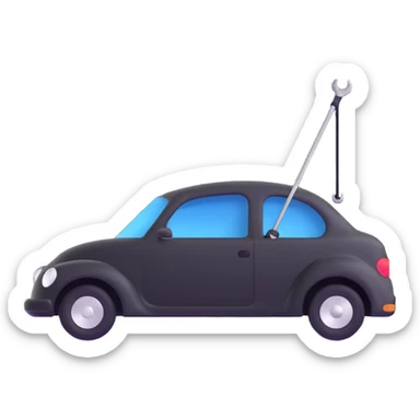 matte black minimalist car icon with fine silver lines for contrast, subtle rod or hook tool clearly touching a visible dent, simple and clean, focus on dent repair sticker